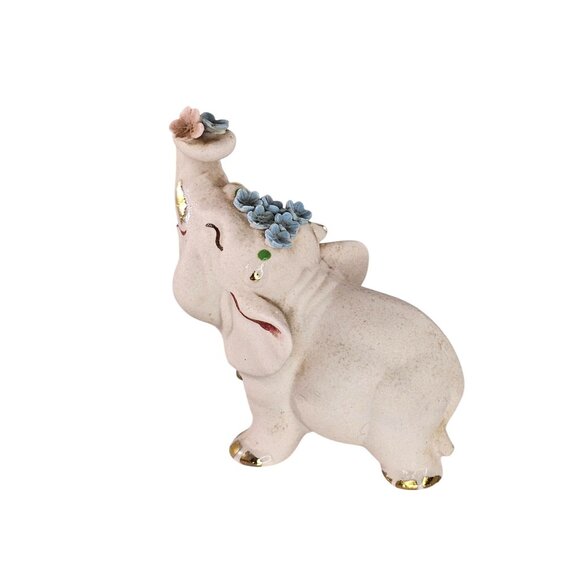 Vintage Walker Renaker Pink Bisque Elephant Figurine Gold Accents Flowers - Picture 5 of 13